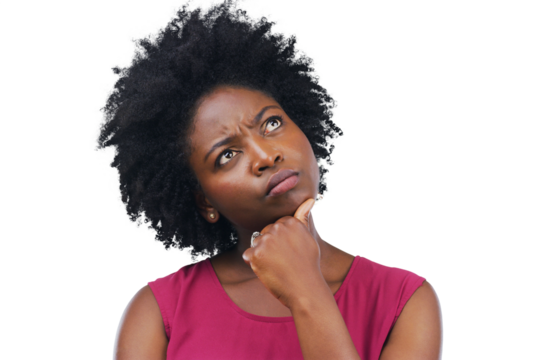 Black woman, thinking and confused with a decision or choice isolated on a transparent background. Doubt, unsure and african female person contemplating a solution with an emoji expression on PNG