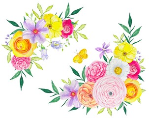 Floral watercolor compositions of bright flowers. Summer bright bouquet