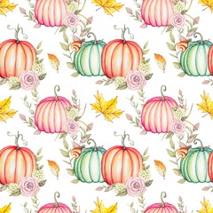 Seamless autumn pattern with watercolor pumpkins