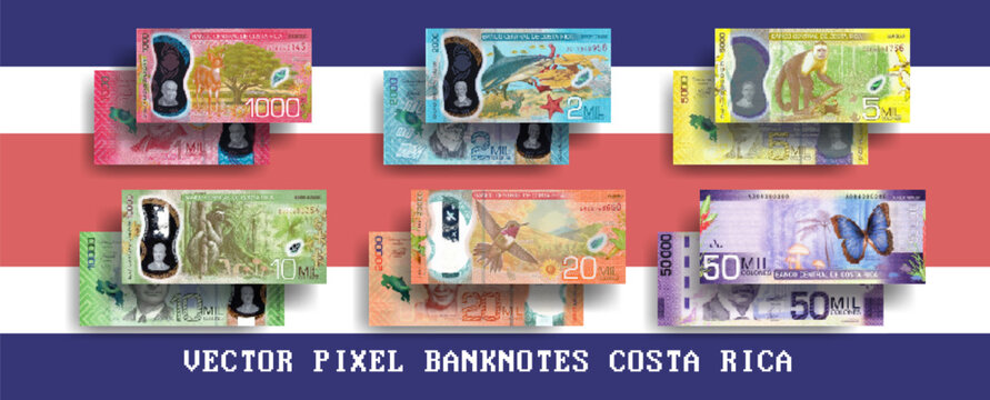Vector pixel mosaic set of Costa Rica banknotes. Bills in denominations of 1000, 2000, 5000, 10000, 20000 and 50000 colones. Flyers or play money.