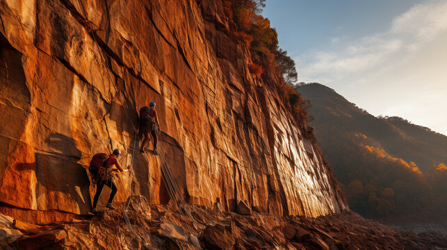Daring Rock Climbers Scaling a Challenging Cliff Face 
