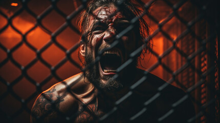 Fierce MMA Fighters Engaged in a Cage Fight 