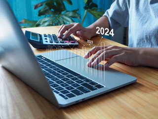 business people doing analytical calculations Data trends, statistics, investments, profits in 2024...