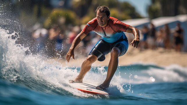 Skillful Surfers Riding Waves at a Surfing Competition 