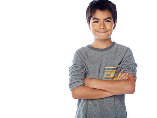 Fashion portrait, smile and child with arms crossed isolated on transparent png background. Face, confidence and happy school kid or young boy in casual clothes, tshirt or stylish student from Mexico © Shubham Mayur/peopleimages.com