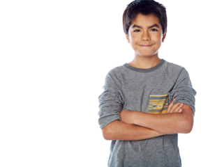 Fashion portrait, smile and child with arms crossed isolated on transparent png background. Face, confidence and happy school kid or young boy in casual clothes, tshirt or stylish student from Mexico