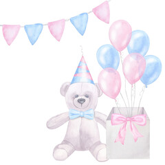 Postcard Teddy bear with blue pink balloons, bow, flags. For newborn girl boy. Hand drawn watercolor illustration isolated on white background. Gender reveal party, baby shower