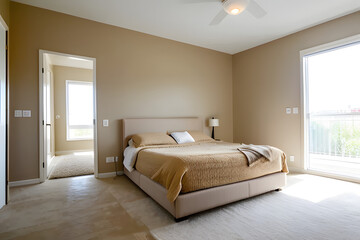 Empty room with an open door to a beige modern bedroom