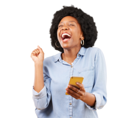 Excited, celebrate and black woman with a phone for win or success on internet. Smartphone, fist and african person with lottery results, victory or achievement isolated on transparent png background