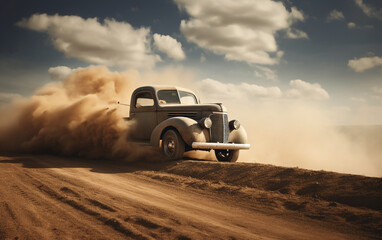 A classic truck is in motion along a country road, stirring up clouds of dust.