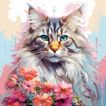Maine Coon Cat with Flowers