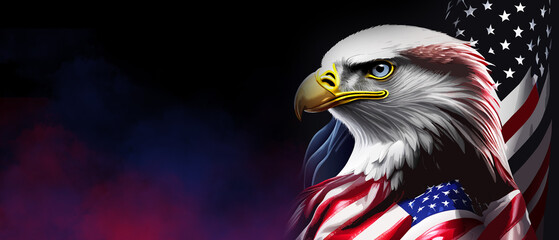 Abstract background An eagle and an American flag on the back are foggy in the concept of world economic management. illustration, copy space