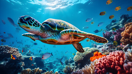 Obraz premium Underwater Photograph of a Vibrant Coral Reef Teeming with Colorful Fish and a Sea Turtle. Generative Ai.