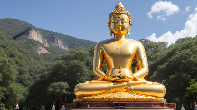 Mountain View and Golden Buddha statue on top of the mountain temple - Generative