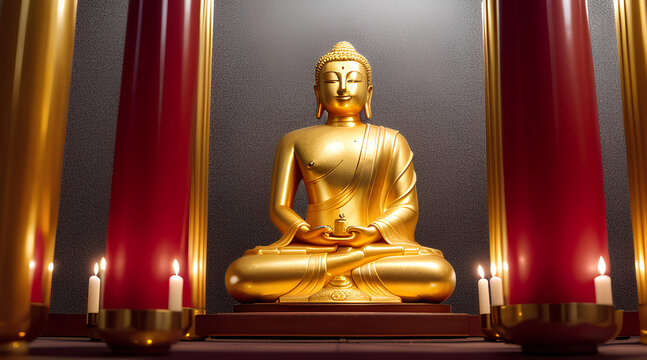 big golden buddha statue inside ancient shrine - Generative AI