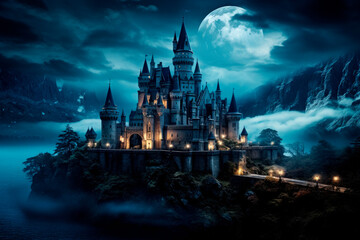 Fototapeta na wymiar Mysterious medieval castle in a full moon night
