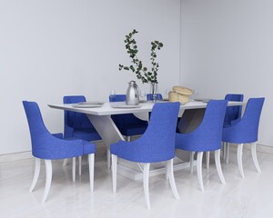 Interior dining area corner space with white blank floor and wall design