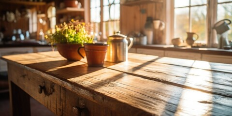 empty wooden table in a rustic kitchen