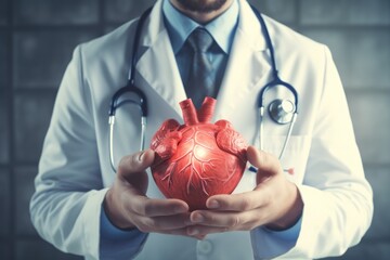 A man cardiologist in a white coat holds a red heart in his hands.