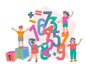 Children among numbers and cubes for concept of study mathematics and numbers learning, flat vector illustration isolated on background. Poster or banner design for school and preschool education.
