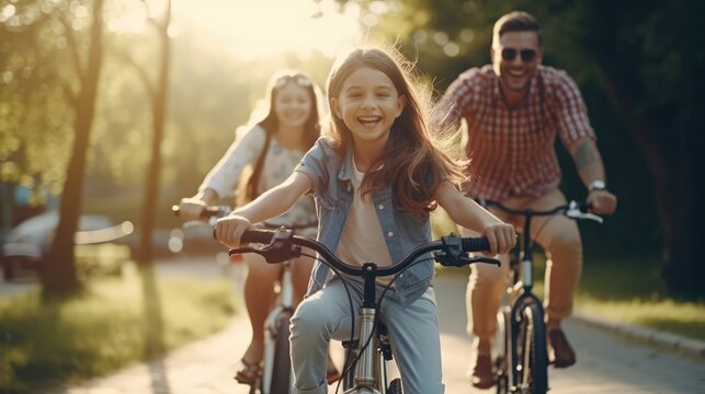 happy family caucasian white mom, dad and kid ride bicycles in park in morning, hobby and relax, Generative AI