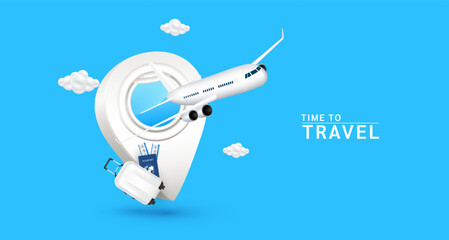 Holiday travel. Airplane window in location pin white with suitcase or luggage bag. Airplane is taking off with clouds. Air ticket and passport. For media tourism advertising design. 3D Vector EPS10.