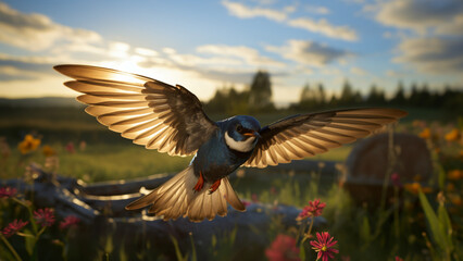 Barn swallow spreading wings on a garden and flowery plains, afternoon light, national bird of Austria and Estonia. Realistic wildlife animal. AI art.