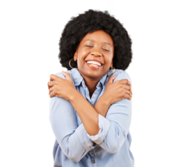 Smile, hug and peace with black woman and self love on png for care, confidence and pride. Happy, gratitude and acceptance with person isolated on transparent background for happiness and empowerment