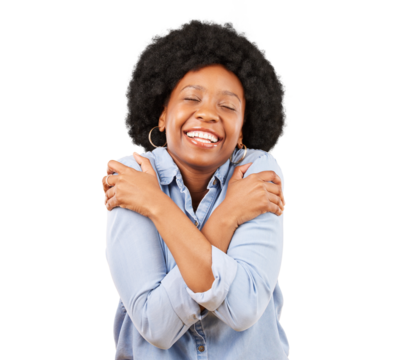 Smile, hug and peace with black woman and self love on png for care, confidence and pride. Happy, gratitude and acceptance with person isolated on transparent background for happiness and empowerment