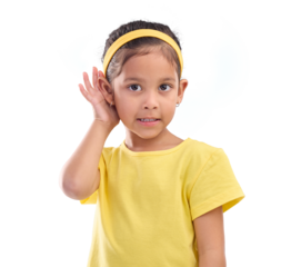 Hearing, eavesdrop and portrait of a child listening for communication, gossip or a secret. Youth, attention and a young girl holding an ear for sound and isolated on a transparent png background