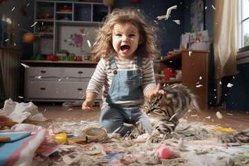 a playful hyperactive cute blond toddler child and a cat misbehaving and making a huge mess in a living-room, throwing around things and shredding paper. Studio light. Generative AI technology