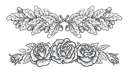 Floral frame border. Roses flowers and oak branches with acorns and leaves. Vintage pattern sketch vector illustration © ~ Bitter ~