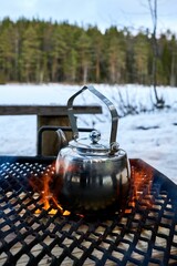 Silver kettle sits atop a fire on a metal table in a snowy forest