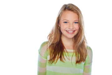 Girl, teen and happy portrait of a model for fashion with a child isolated on a transparent background. Children, youth and confidence of a young teenage kid with a smile on PNG for trendy clothes