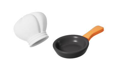Cartoon kitchen pan and chef hat in the white background, 3d rendering.