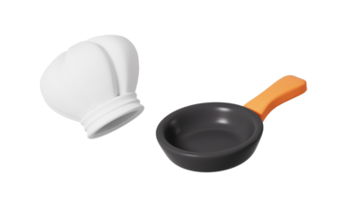 Cartoon kitchen pan and chef hat in the white background, 3d rendering.