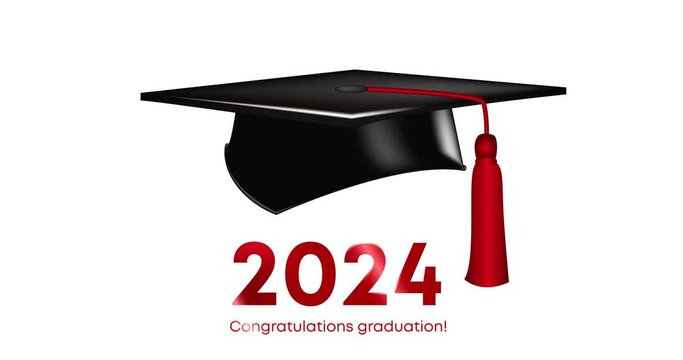 Congratulations graduation. Class of 2024. Graduation cap and confetti and balloons. 4k animation