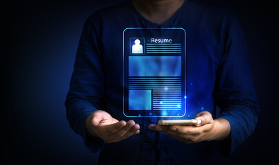 man holding resume virtual screen. job search and recruiment concept. 