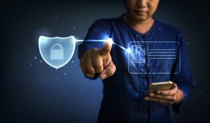 man pushing security shield and identiftcation icon. Internet security concept.
