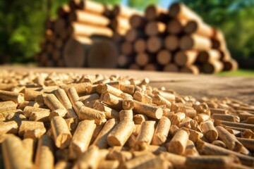 A pile of Organic biofuel wooden pellets made from compacted sawdust and by-product of woodworking operations on a background of logs. Reducing waste and supporting clean energy solutions - obrazy, fototapety, plakaty