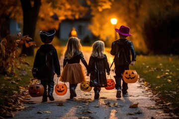 kids in costumes trick-or-treating fun - obrazy, fototapety, plakaty