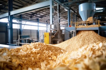 Production of biocombustible biomass wood pellet at the plant. Agricultural, forestry wood waste is converted into fuel for heating and electricity.Reducing waste and supporting clean energy solutions - obrazy, fototapety, plakaty