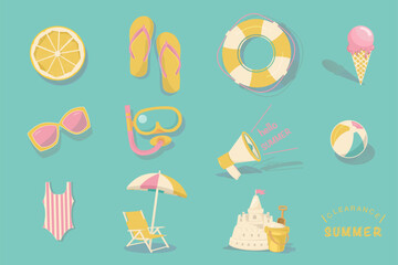 A set of Summer elements vector. Slice lemon, beach sandals, lifebuoy, ice cream, sun glasses, diving mask, beach ball, swimming suit, sand castle, summer clearance,  beach umbrella .