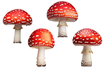 Funghi di amanita muscaria rossi coi puntini bianchi, trasparenti e isolati