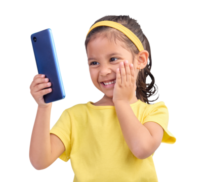 Phone, wow and smile with a girl child isolated on a transparent background excited for communication. Children, social media and surprise with a happy young female kid on PNG for games or fun
