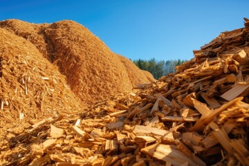 Stack of wood chips, a byproduct of timber milling. These shavings play a vital role as a renewable energy source, powering biomass facilities and promoting eco-friendly fuel alternatives - obrazy, fototapety, plakaty