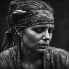 "Survivor's Respite: Charcoal Drawing of a Tired Young Woman with Bandana