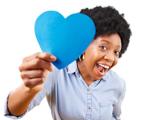 Blue, heart and portrait of happy black woman on isolated, transparent and png background for...