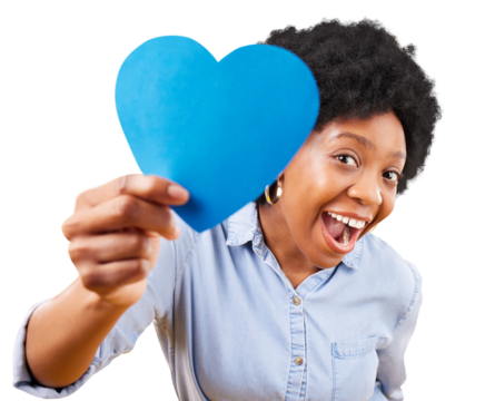 Blue, heart and portrait of happy black woman on isolated, transparent and png background for autism support. Emoji, shape and face of African female model with message of love, kindness and empathy - Powered by Adobe