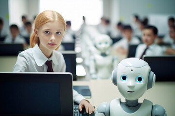 A woman using a laptop computer alongside a robot in an educational setting